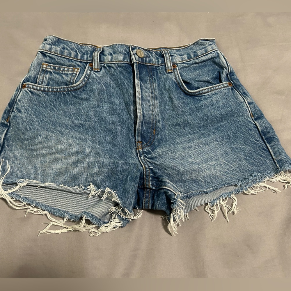 Reformation Blue Frayed Jean Shorts